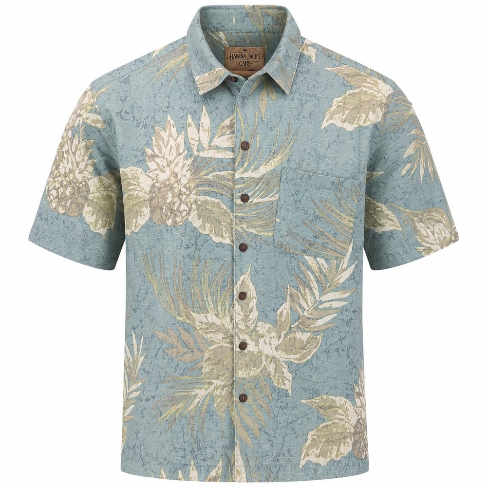 Havana Jacks Cafe Mens Large 100% Silk Tropical Pineapple Hawaiian Shirt Blue
